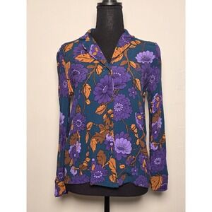 Mango Women's Floral Button-Front Blouse XS Purple Long Sleeve Vintage Inspired
